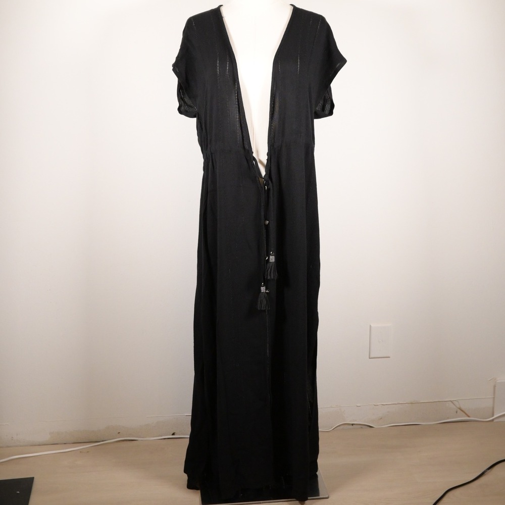 Blue Island Black Maxi Swim Cover Up Dress Tassel Tie Waist Pointelle Knit Large